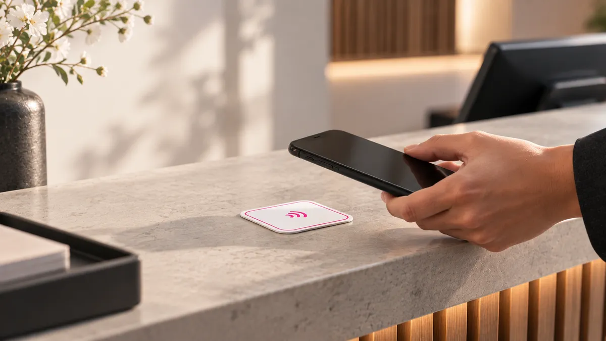 Smartphone tippt an der Hotelrezeption auf einen Taphero NFC-Tag.